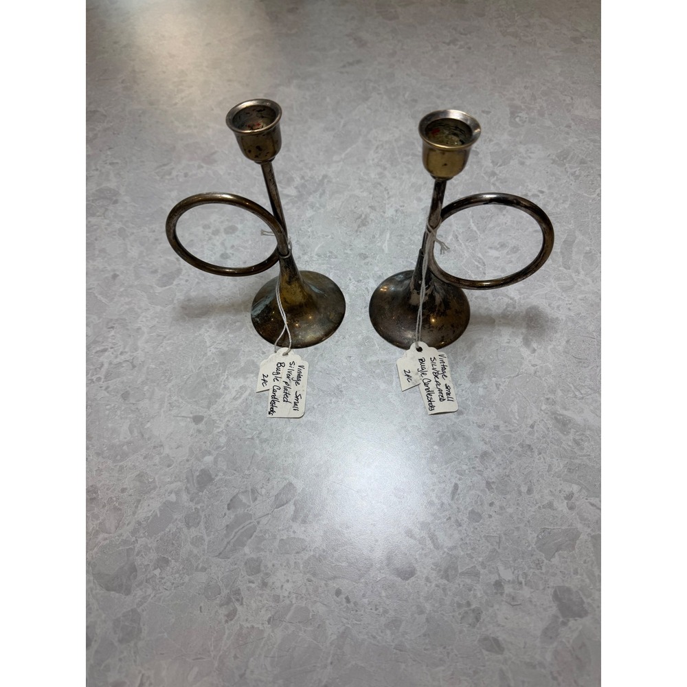 Vintage Silver Plated Bugle Horn Candlesticks EPNS Musical Decor Set of 2